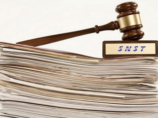 gavel on stack of documents on white background