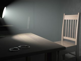 A spotlight pointing at an empty chair in a dark interrogation room. Very detailed high resolution 3D render.
