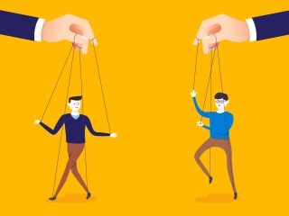 Business concept illustration of big hand and a businessman being controlled by puppet master.